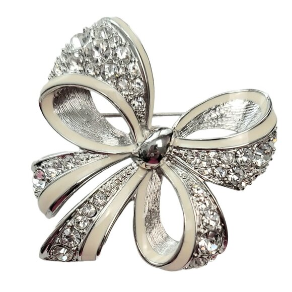 Nolan Miller Vintage Silver Tone White Enamel Clear Rhinestone Bow Brooch Signed - Picture 3 of 9